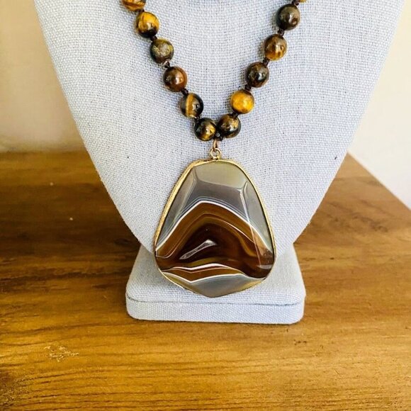Vintage Brown Agate & Tiger's Eye Beaded Long Pendant Necklace 34" - Picture 2 of 5